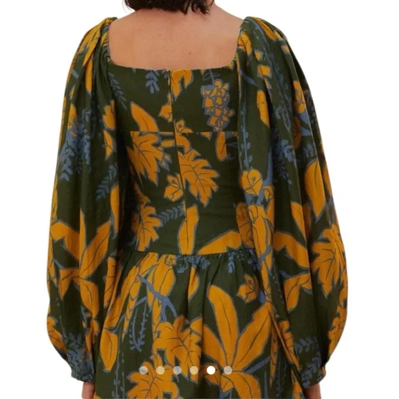 FARM RIO Foliage Sketch Green LongSleeve Linen MiniDress Tropical Lace-Up XL NWT - Picture 3 of 16